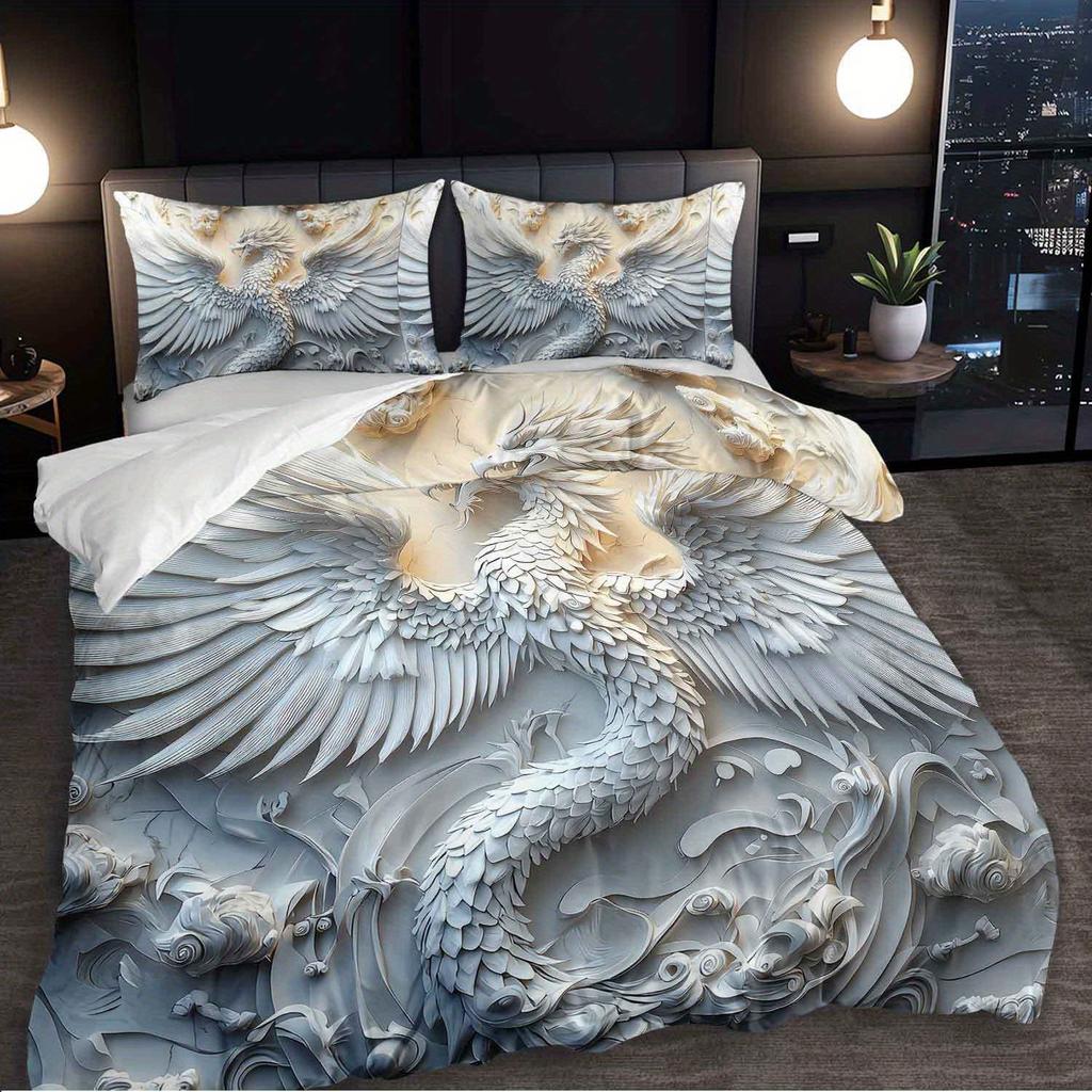 3pcs Luxury Phoenix Relief Bedding Duvet Cover Set Elegant Phoenix Bedding Quilt Set 3D Phoenix Themed Bed Quilt Set Gray White