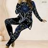 Women Plus Size Two Piece Pants Set Round Neck Long Sleeve Printed Longline Top Fitted Pants Dark Green