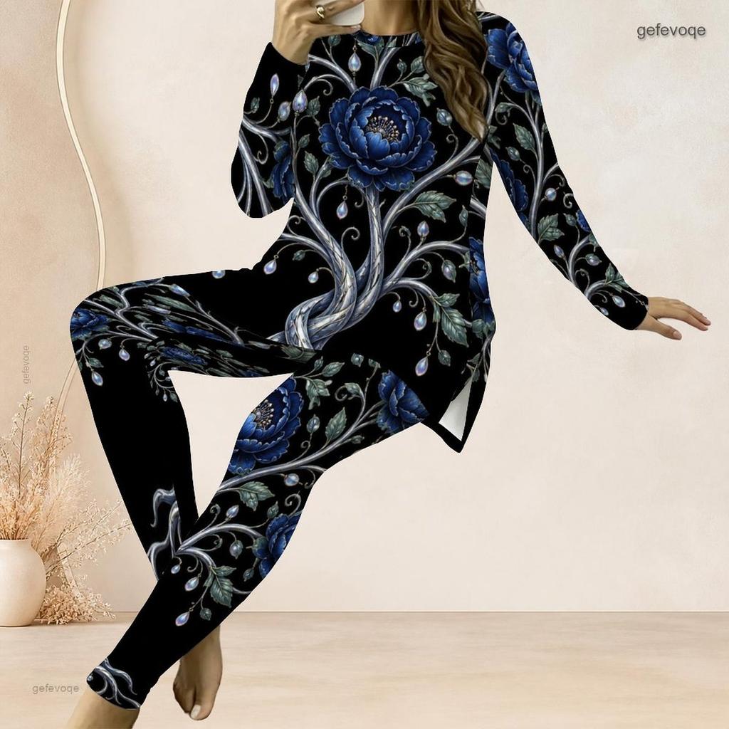 Women Plus Size Two Piece Pants Set Round Neck Long Sleeve Printed Longline Top Fitted Pants Dark Green