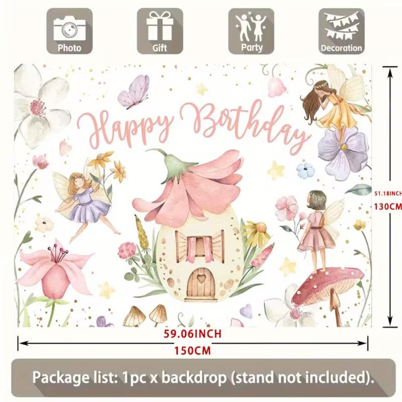 2D Girls Fairy Birthday Tapestry, Watercolor Floral Fairies & Flower House Backdrop, Magical Birthday Decor
