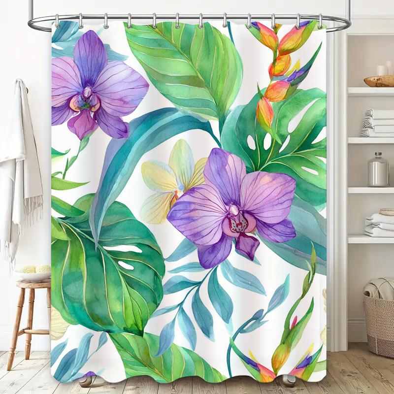 Art Deco Style Shower Curtain with Green Floral Print Modern Home Decor Bathroom Fabric Shower curtain for Bathrooms Ships World