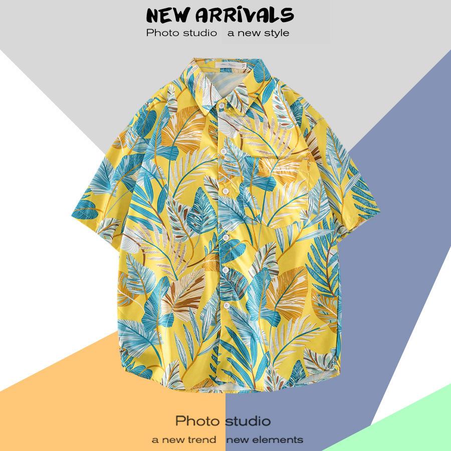Short Sleeve Flower Shirt Men's Loose Beach Shirt Hawaiian Retro Handsome Casual Thin Shirts Island Style T-Shirt