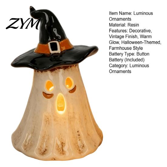 Fall Indoor Home Decorations Witch Hat Ghost Tealight Candle Holder, Vintage Resin Halloween Tabletop Decor Cozy Party Supplies with Warm Glow