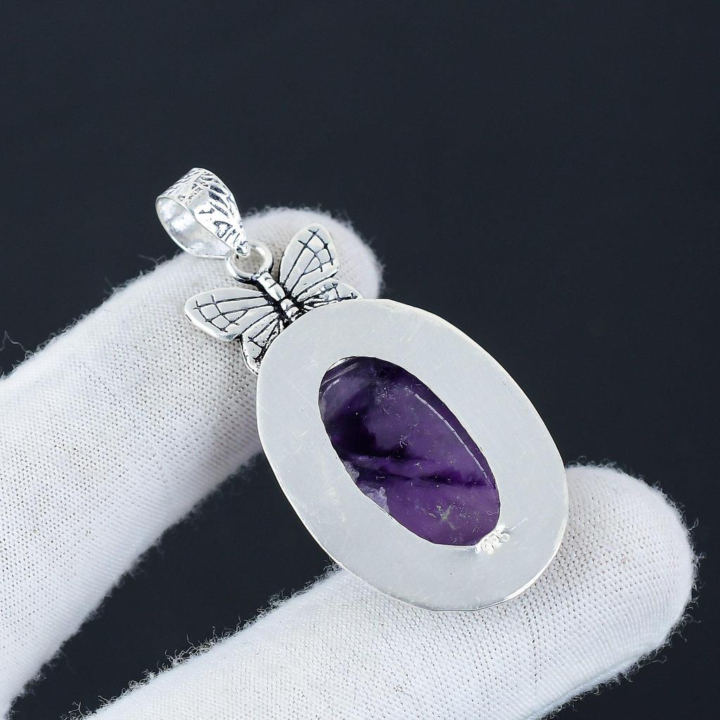 Natural Amethyst Gemstone Silver Pendant In 925 Sterling Silver- Handmade Butterfly Design, Everyday Wear Jewelry, Unique Pendant Wadding Gift
