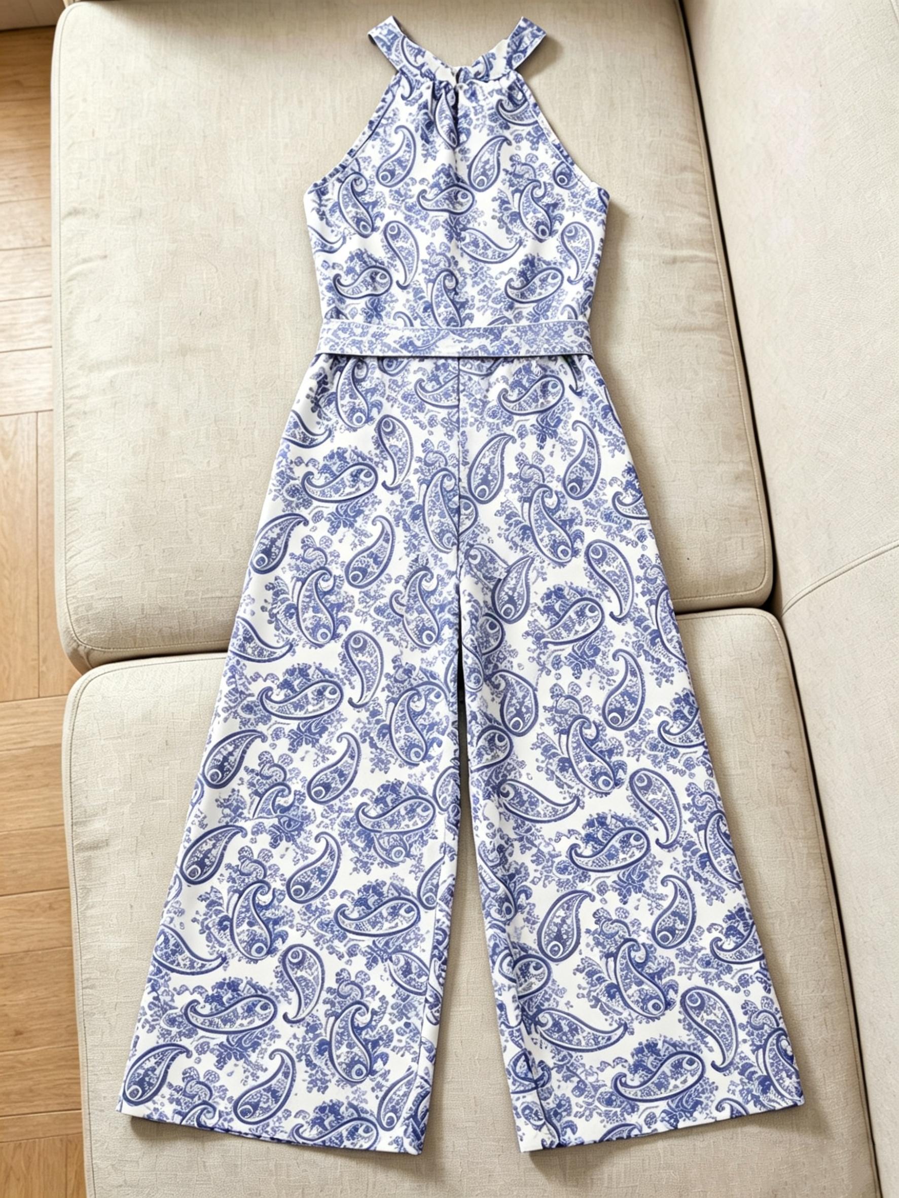 Girls Halter Paisley Print Jumpsuit, Back Button Drawstring Waist Wide-Leg Romper, Casual Resort Style for Kids in Summer 4Y