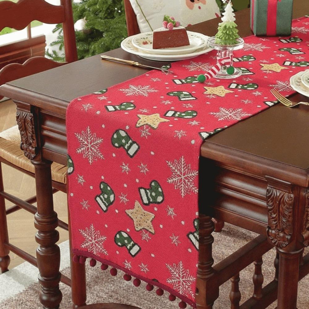 Polyester Christmas Table Runner Santa Claus Pattern Snowflake Pattern Table Flag Multi-Color Tassel Cartoon Pattern