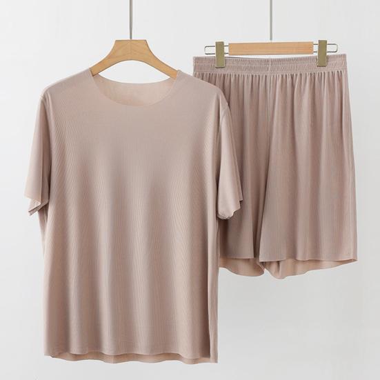 2-teiliges Loungewear-Set für Herren, O-Ausschnitt, kurzärmelige Oberteile, elastische Taille, Shorts mit weitem Bein, einfarbig, Homewear aus Eisseide, nahtloses Pyjama-Set