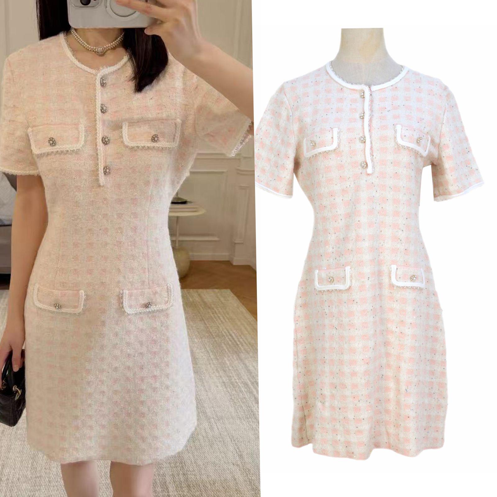 

2025 Spring/Autumn Plaid Round Neck Knitted A-Line Dress - Short Sleeve, Elegant French Style L