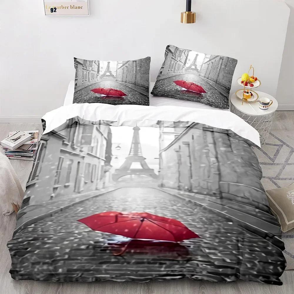 Paris Eiffel Tower Bedding Set City Landscape Duvet Cover European Style Quilt Cover Pillowcases Adults King Queen Full Twin