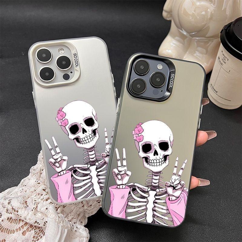 Cute Pink Flower Skeleton Phone Case, Peace Sign Skull Print, Shockproof Matte Phone Cover