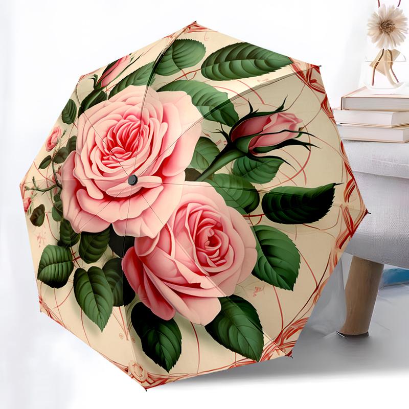 Flower Theme Folding Umbrella - Fashionable Auto-Open Design 8 Iron Ribs Plastic Handle Foldable Sunshade Perfect Christmas Gift