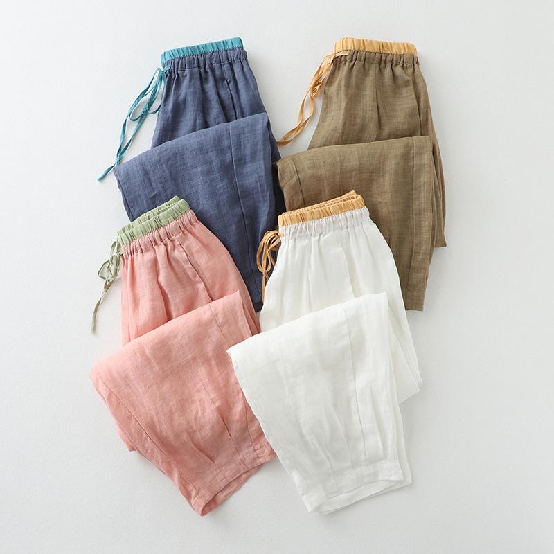 Summer Elastic Waist Stitching Lace-up Fine Cotton and Linen Loose and Comfortable Nine-point Pants Harem Pants Casual Women's Pants