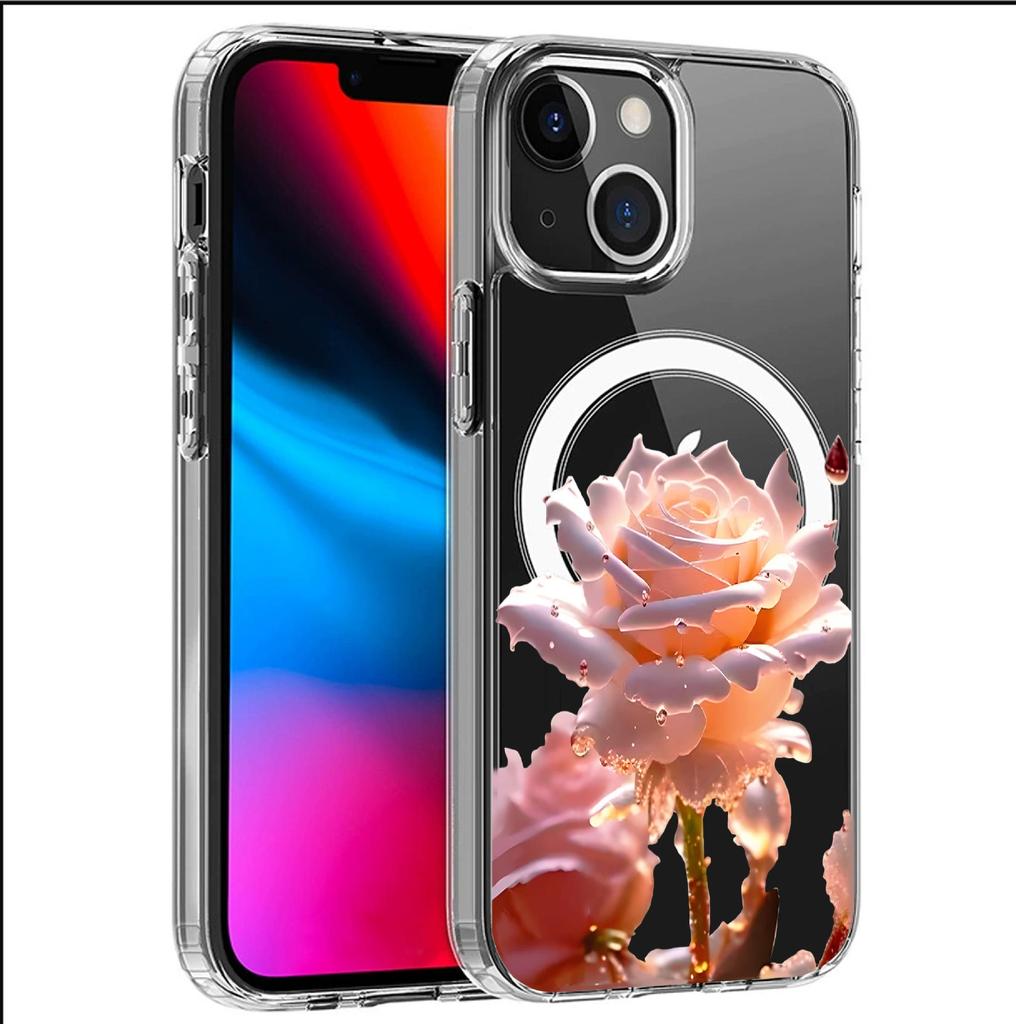 Pink Rose Magnetic Transparent Case for iPhone 15/16/17 Pro Max – Full Coverage