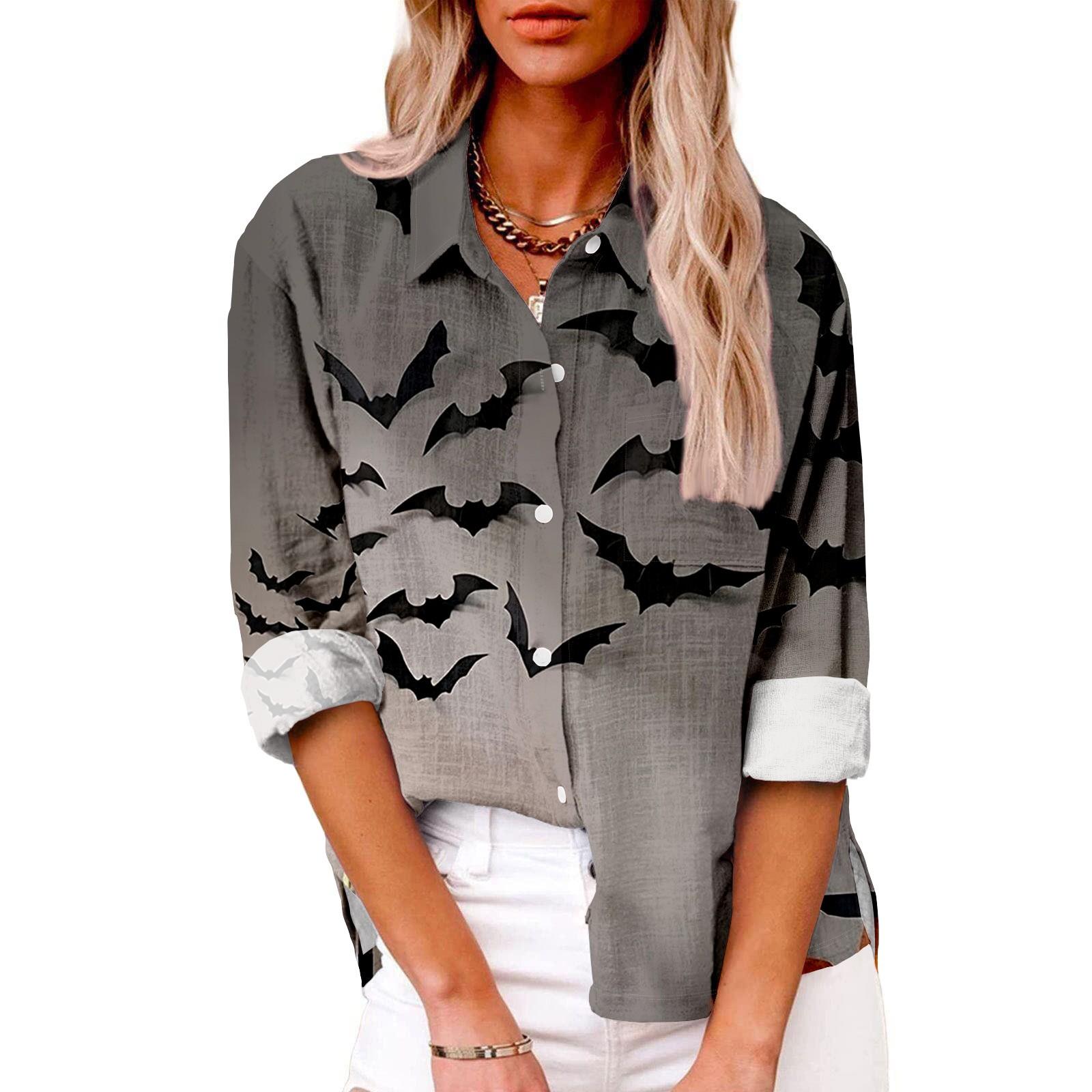 

Женская повседневная рубашка с длинным рукавом и лацканами на пуговицах с принтом на Хэллоуин и карманом сверху L серый