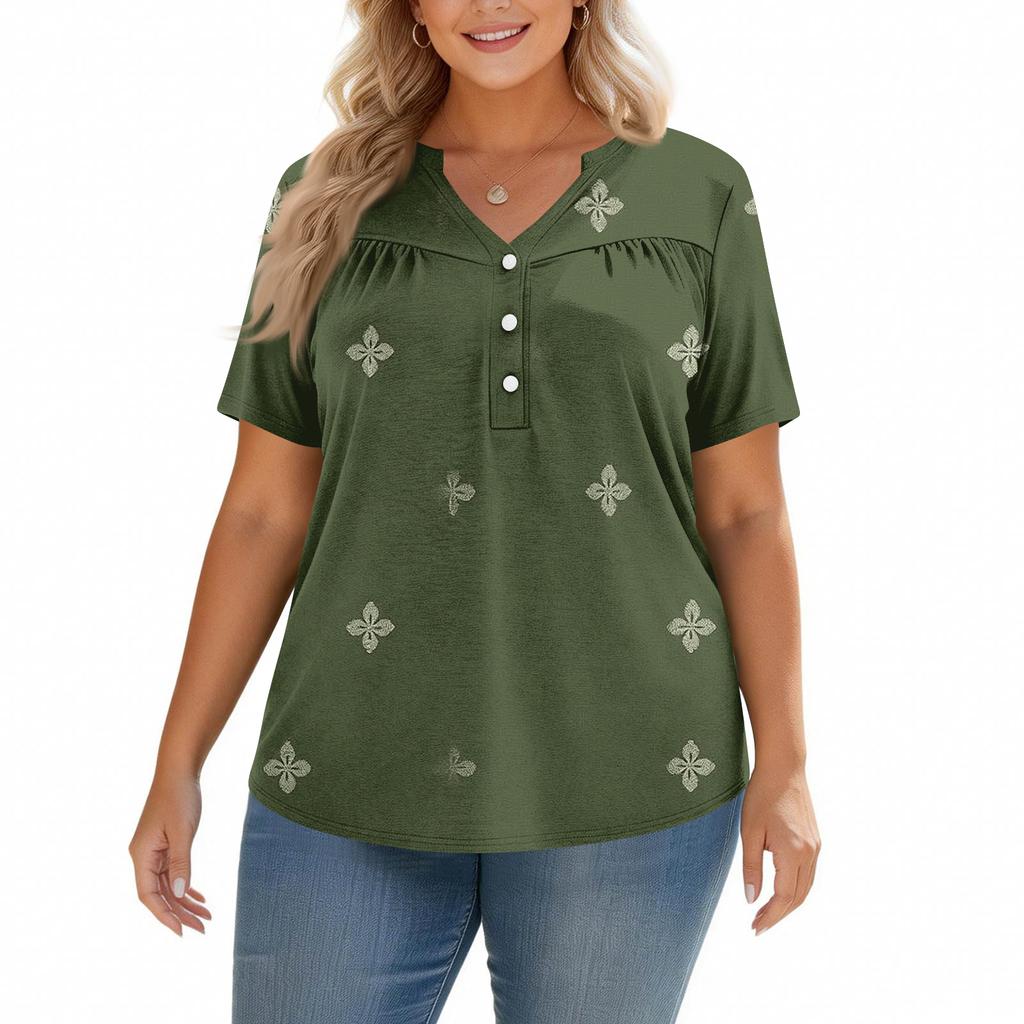 Modisches, lässiges Damen-Top mit V-Ausschnitt, Knopfleiste, Oversize-Schnitt, kurzen Ärmeln und Print