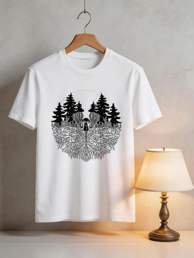 Short Sleeve T-Shirt Casual Trendy Forest Trees Mushroom Roots Pattern Graphic Tee for Adults Daily Wear Fashion Apparel