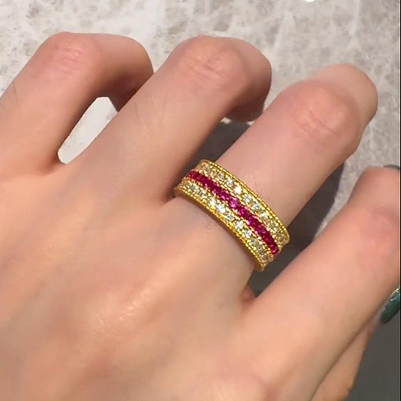 Retro design diamond studded three row sparkling diamond Female Ring classic ruby rings for women wedding jewelry gift resizable красный