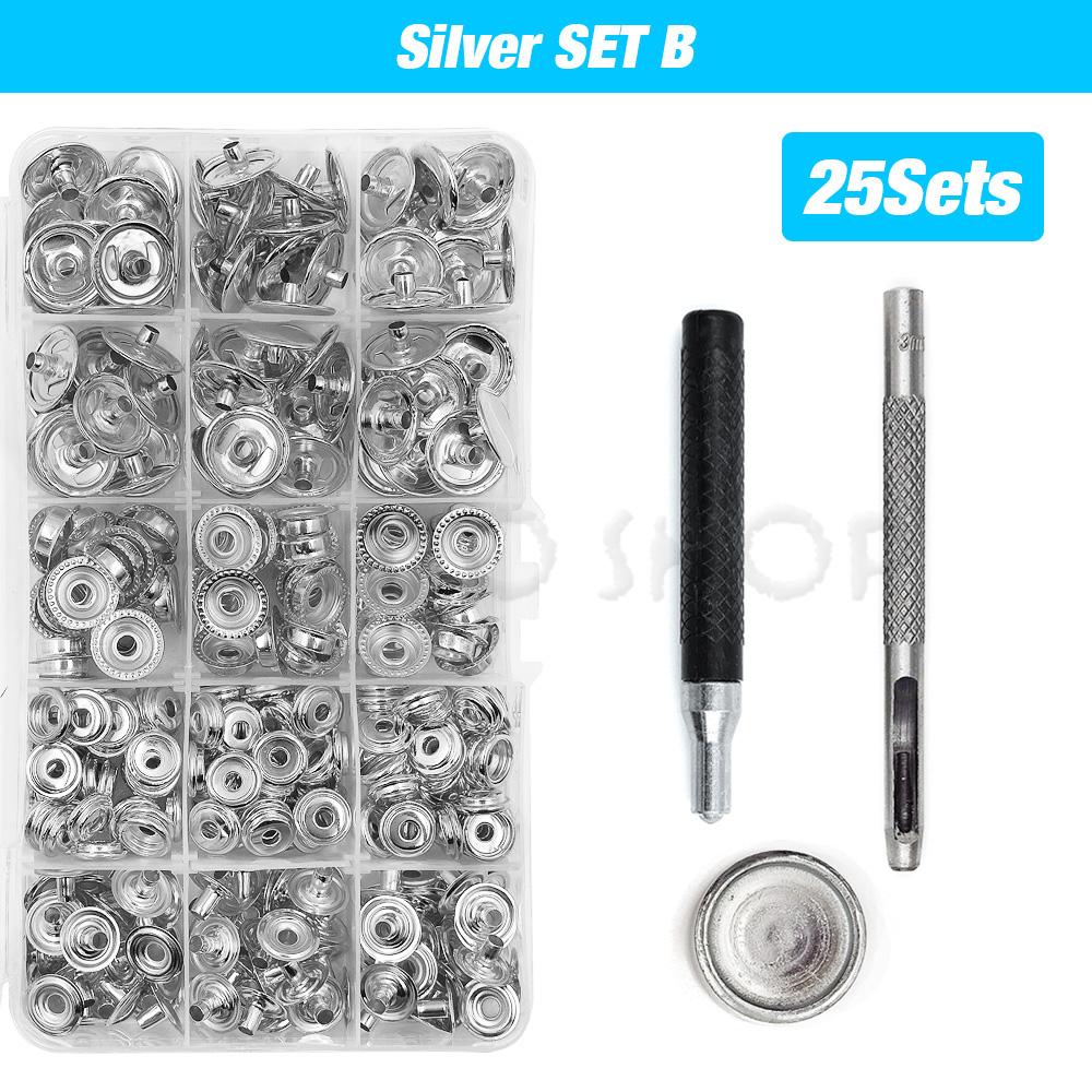 25Sets Metal Snaps Button Snap Fasteners Press Studs With 4 Installation Tools Kit For Clothes Garment Bags Shoes Leathercraft