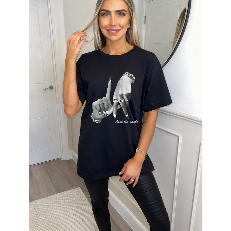 Oversized T-Shirt Black Hands With Rings And Long Nails Rock The World Print Casual Streetwear For Women