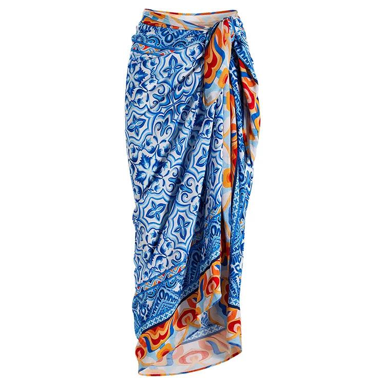 European and American swimwear ethnic style blue printed one-piece swimsuit suit women One size fits all