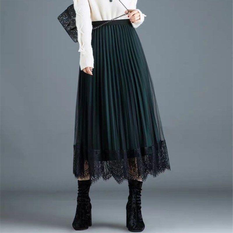 Autumn/Winter Lace Pleated Skirt - Korean Style Slim Fit, Plus Size, Mesh Tulle, Black/Green