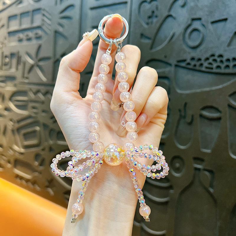 Flash Beaded Mobile Phone Chain Crystal Bow Key Bag Lanyard Pearl Mobile Phone Lanyard Small Gift