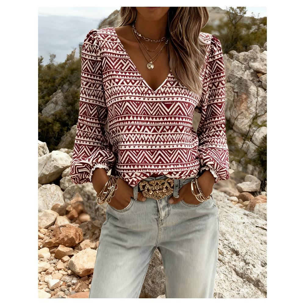 Retro ethnic V-neck women s long-sleeved top with lantern sleeve totem print, loose and slimming long-sleeved top with Bohemian design, suitable for a S