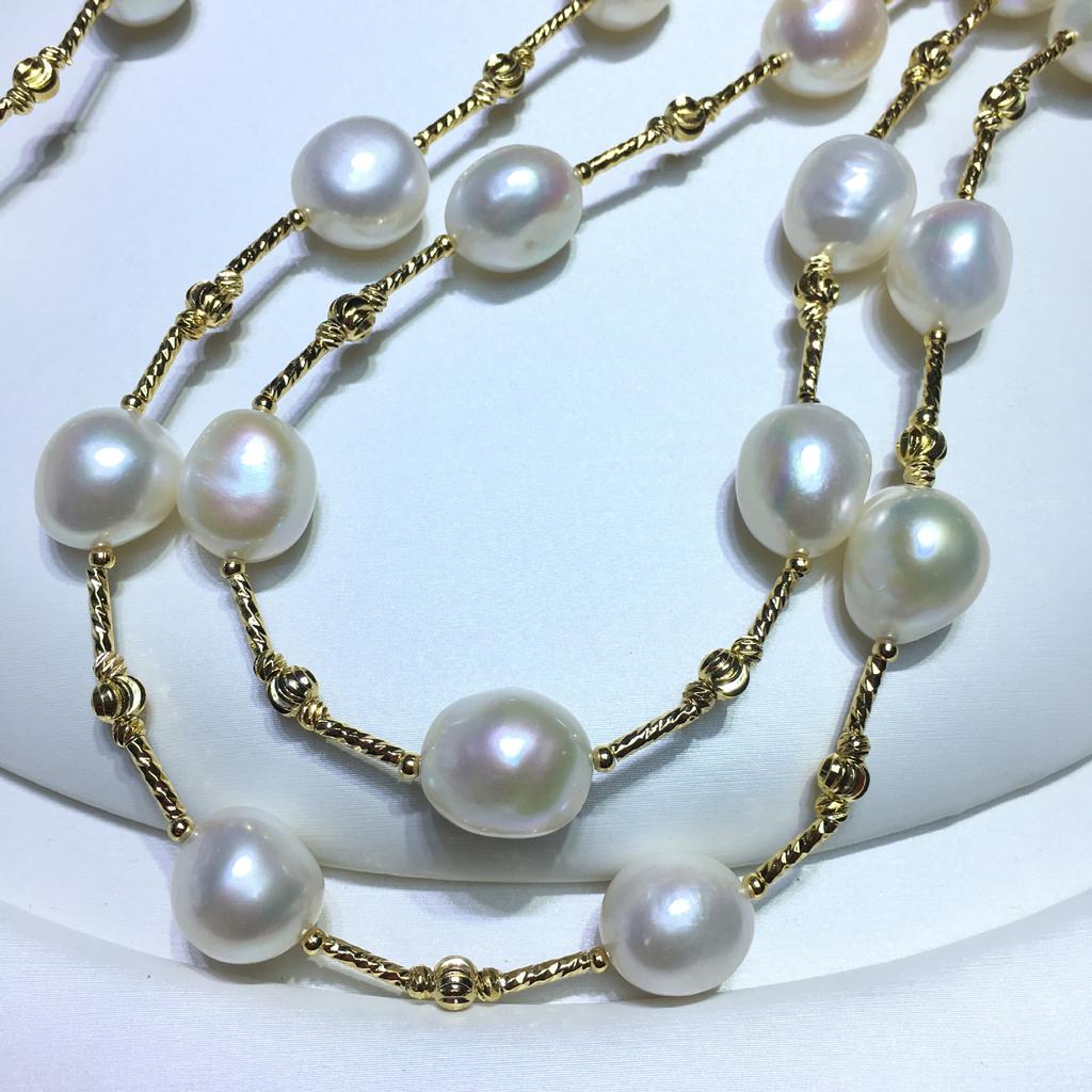 Multi-way Wear 14K Gold-Filled Freshwater Baroque Pearl Necklace with Rose Clasp, Sweater Chain
