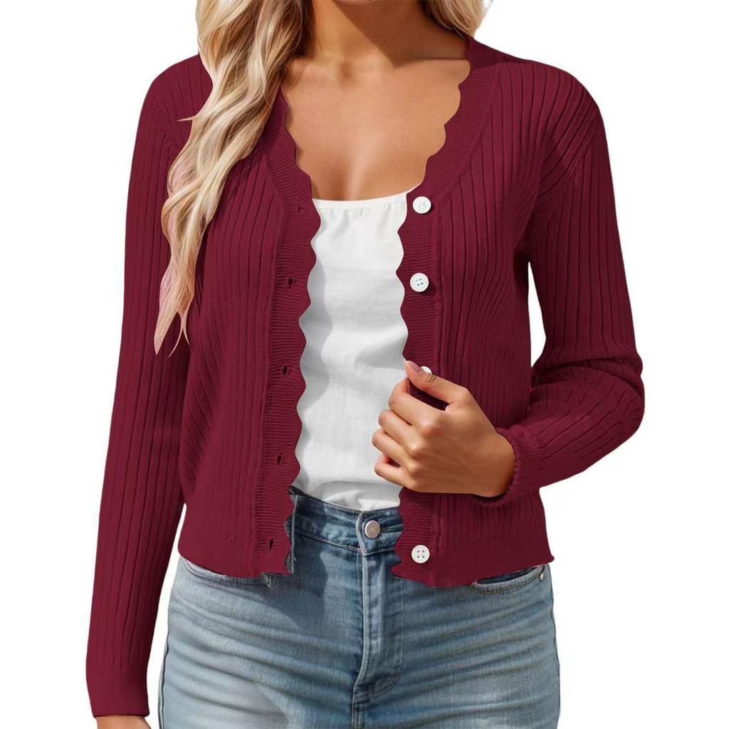 Women's Solid Color Casual Cardigan With Fungus Edge V-neck Thin Short Knit Jacket