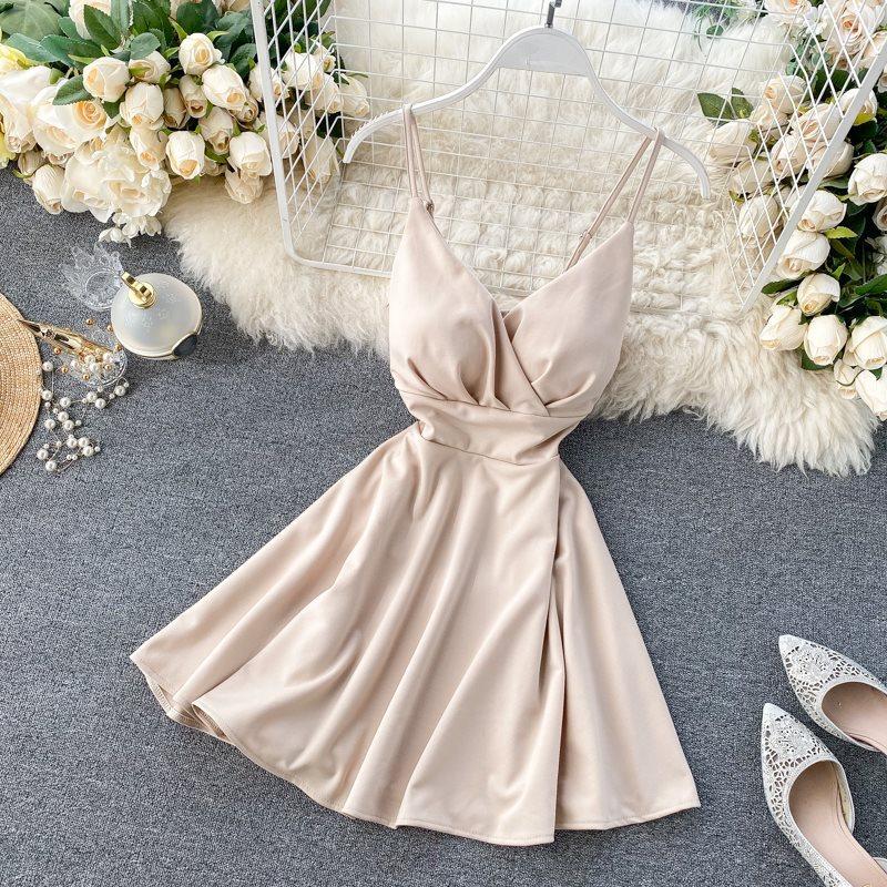 

Spring Dress For Women V-Neck Open Back Waist-Cinching High-Waisted Slimming Solid Color Camisole Slip Dress A-Line Dresses free size абрикосовий