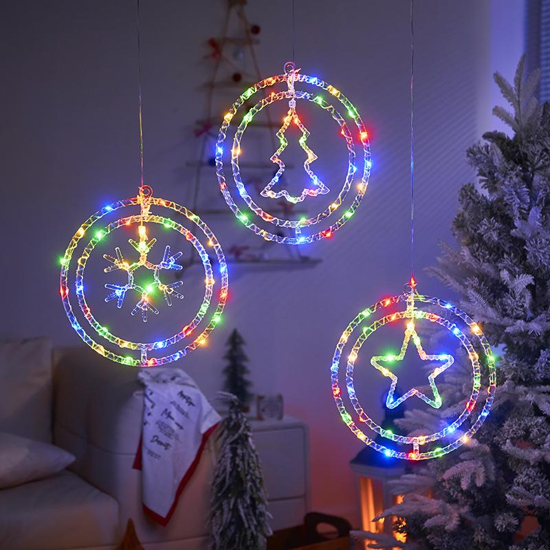 Christmas Decoration 3D Pentagram  Moon  Elk Snowflakes Hanging Lights for Christmas Windows Holidays