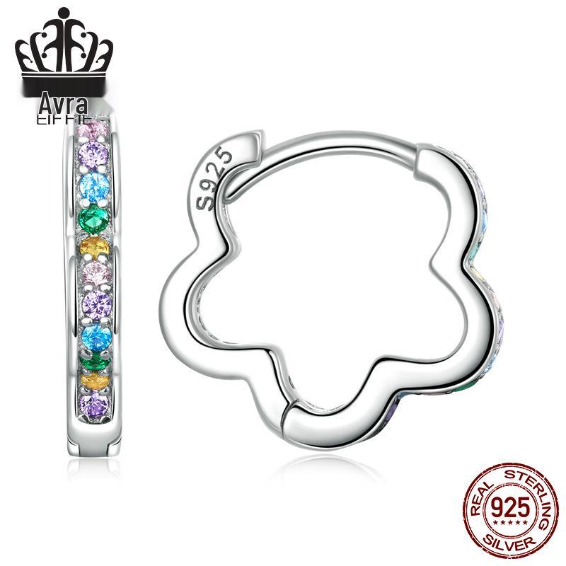 Avle Sterling Silver S925 Platinum-Plated Wreath Earrings with Colored Zircon Hollow Flowers, Model BSE612.