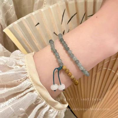 New Chinese Wood Grain Stone Splicing Bracelet Women'S Niche Unique Design Sense Powder Crystal Jade Bracelet Retro National Style Jewelry