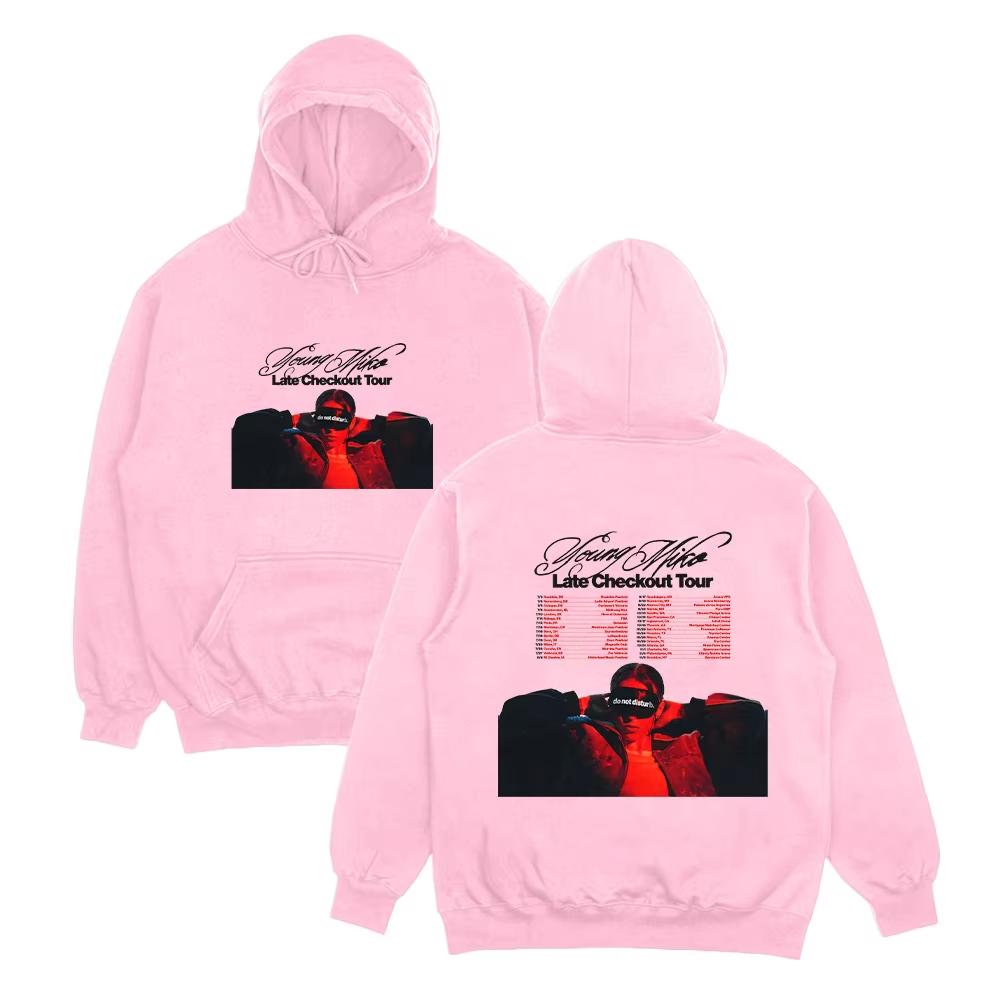 Jonge Miko Late Checkout Tour Grafische Print Hoodies Mannen Vrouwen Jonge Miko Late Checkout Tour Sweatshirts Oversized Pullover