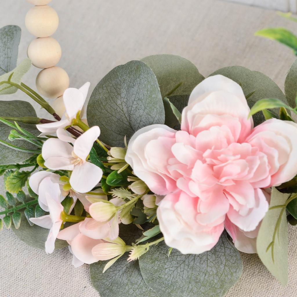 Wooden Bead Door Wreath Artificial Floral Flower Wreath for Indoor Outdoor Seasonal Farmhouse Door Decor