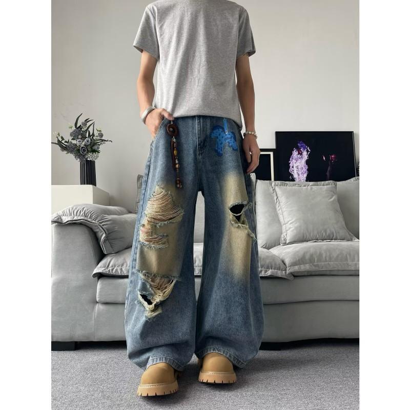Retro Washed Distressed Denim Jeans Men Women Loose Straight Cut Slimming Fit High Street Style