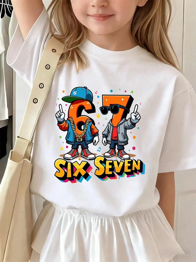 Six Seven 67 Funny Italian Brainrot Childrens Short Sleeve Tee Summer Casual Hot Crewneck Cute Cartoon Age 3-14