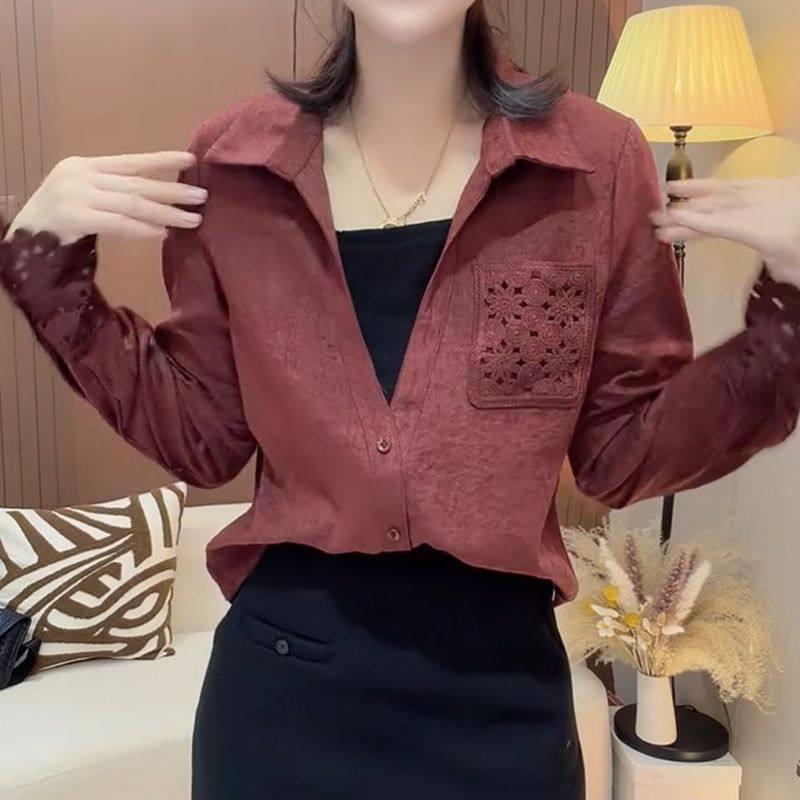Dopamine European-Style Lace Splicing Slim-Fit V-Neck Long Sleeve Shirt for Spring and Autumn