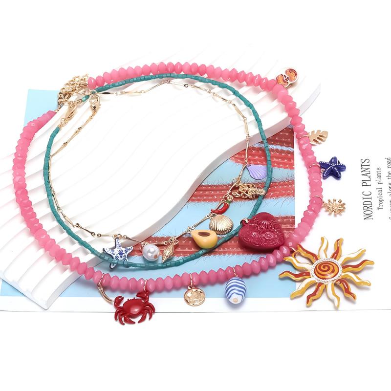 3Pcs/Set  Colorful Resin Beaded Charms Necklaces For Women Summer Ocean Vacation Style Party Jewelry Neck Accessories