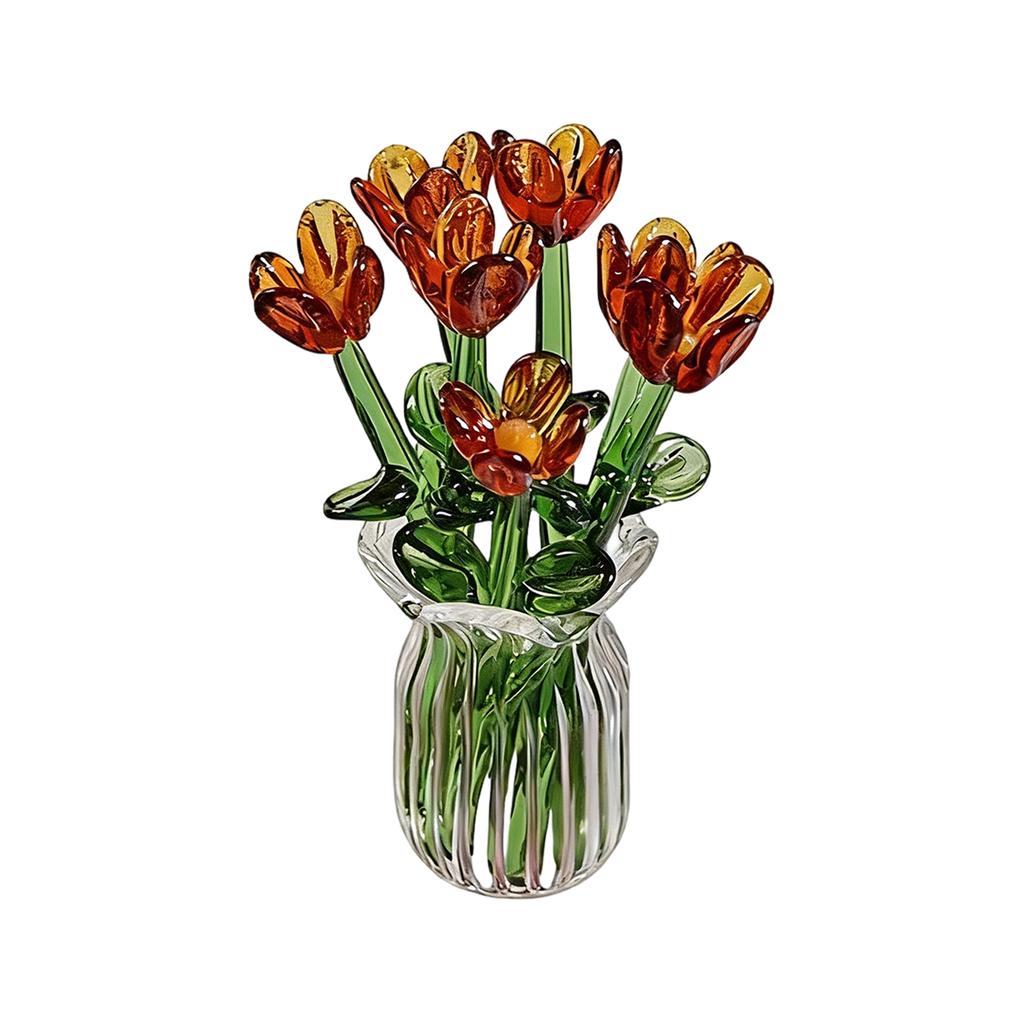 Glasblumen in Vase, Glasblumen in Vase mit Stielen, 7 Farbige Miniatur-Glasblumen, Glasblumenstrauß zum Muttertag