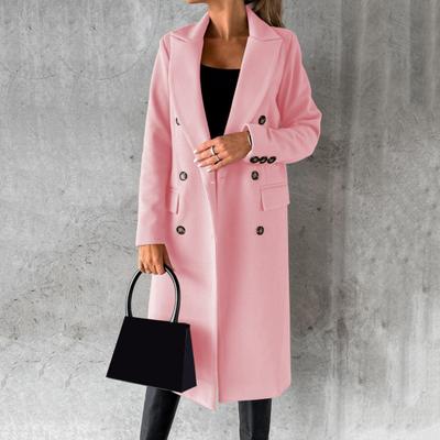 Women Woolen Jacket Turn-down Collar Solid Color Double-breasted Coat Mid Length Thermal Long Sleeved Commuting Dating Spring Fall Winter Overcoat