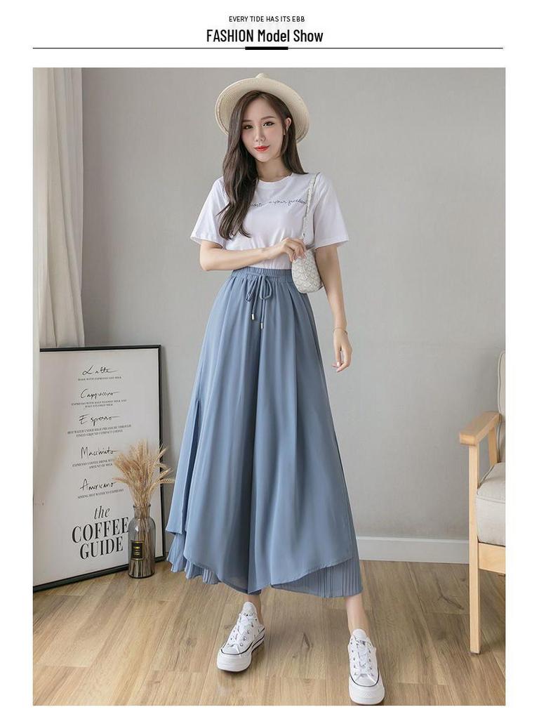 Chiffon High-Waisted Black Wide-Leg Cropped Pants for Women - Korean Style, Loose Fit, Slimming.