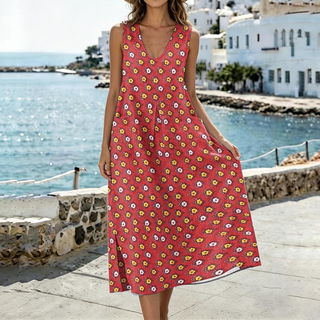 Women U Neck Sleeveless Pocket Split Hem Tank Dress in Cotton Linen with Floral Print for Casual and Everyday Wear