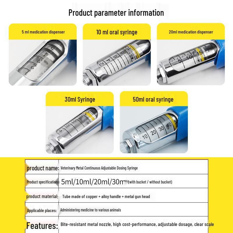 Veterinary Adjustable Metal Drenching Gun Doser for Pigs, Cattle, Sheep with 5ml, 10ml, 30ml Bottle
