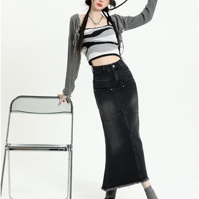 Falda vaquera larga negra de sirena para mujer, falda Maxi de tela vaquera ajustada de corte a con cintura alta, ropa de calle Vintage a la moda de los años 90