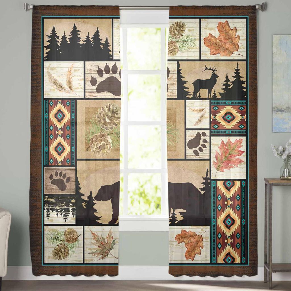 Forest Bear Deer Maple Leaf Pine Fruit Bohemian Vintage Sheer Curtains for Kids Living Room Voile Window Curtains Tulle Drapes