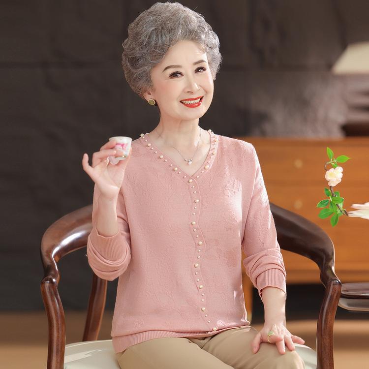Middle-aged and Elderly Women's Clothing Mother Autumn and Winter New V-neck Solid Color Thin Sweater T-shirt Casual Long-sleeved Bottoming Shirt