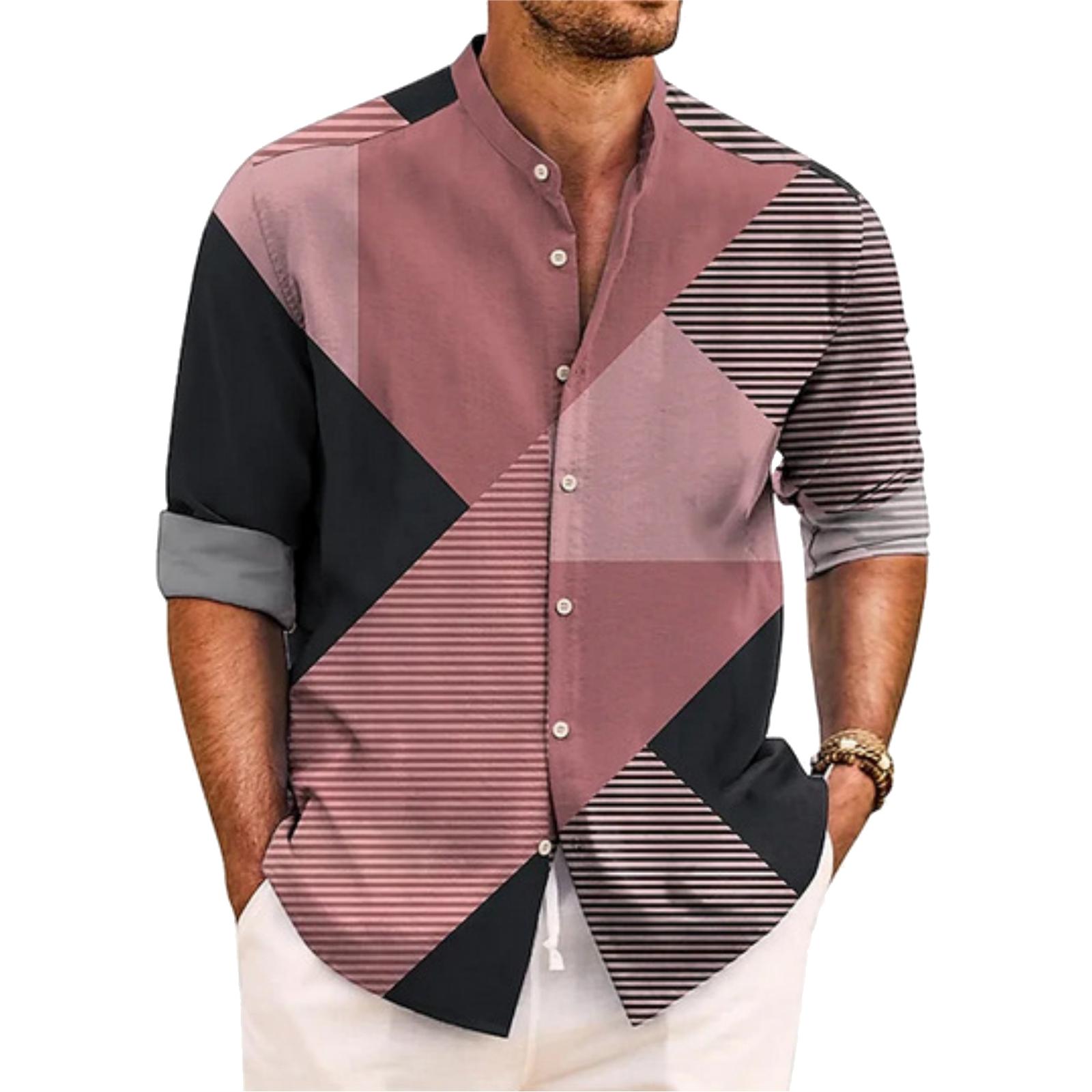 

Men s Loose And Casual Long-sleeved Shirt With Color-blocked Geometric Print Stand-up Collar Button Shirt L рожевий
