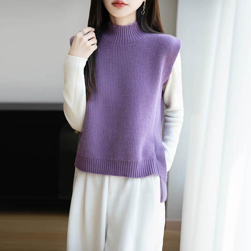 Women's 100% Pure Wool Sleeveless Knit Vest Shawl - Warm Autumn/Winter Layering Pullover with Half-High Collar
