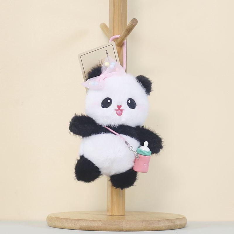 Panda Plush Keychain With Cartoon Milk Bottle And Colored Bow For Kids And Collectors